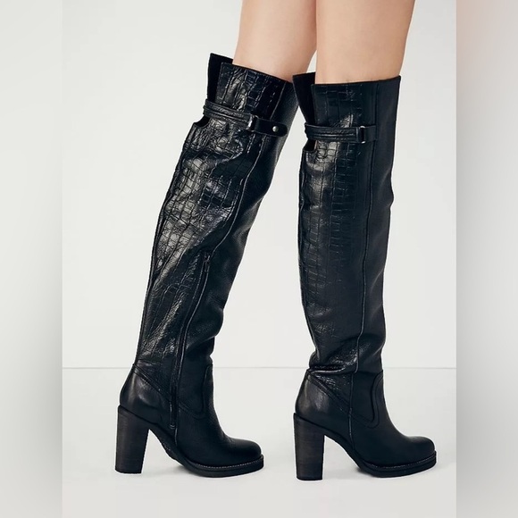New Free People Black Leather Novak Over the Knee Heeled Boots - Picture 1 of 11